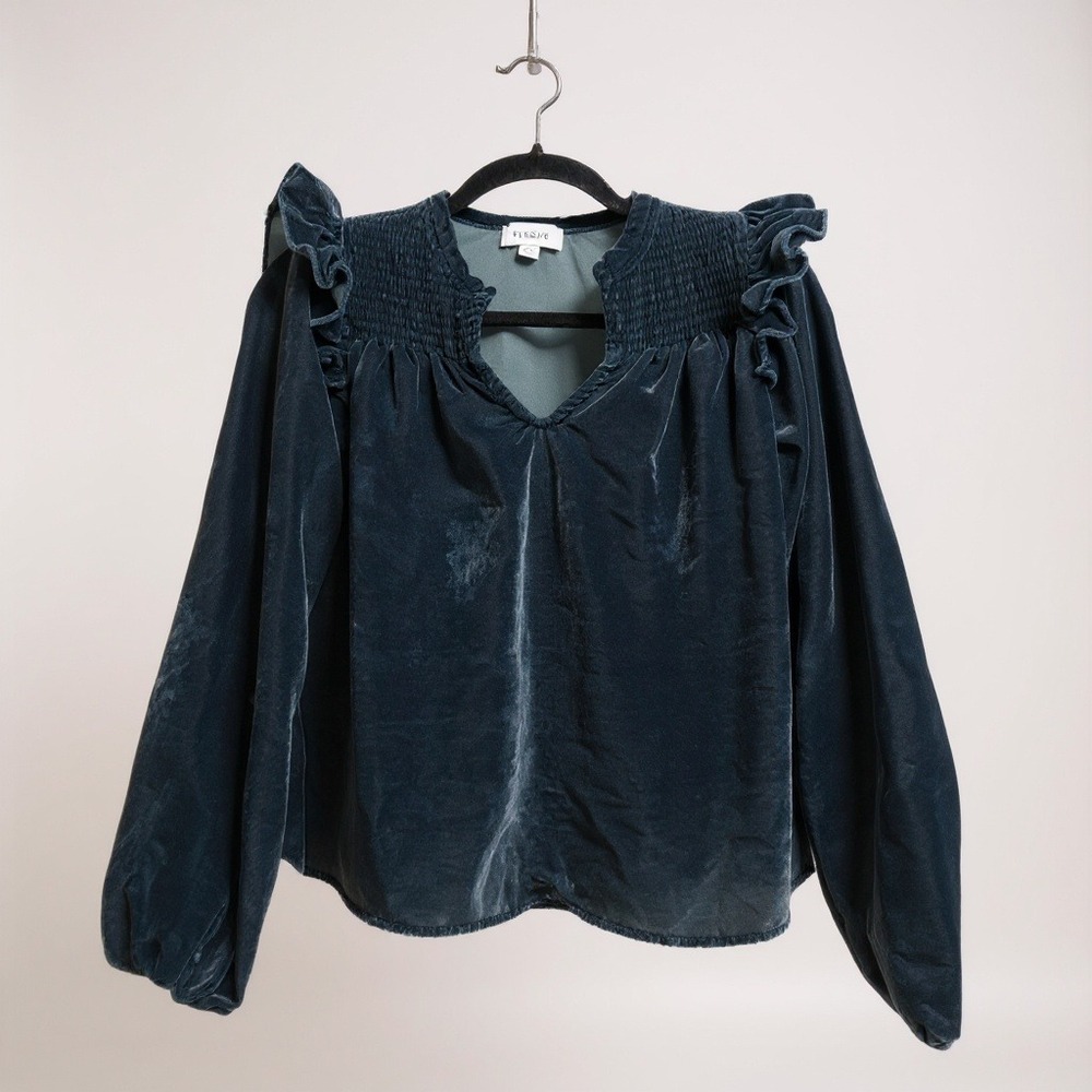 Evereve Yana Velvet Velour Smocked Ruffle V-Neck Popover Shirt,‎ Size S in Blue